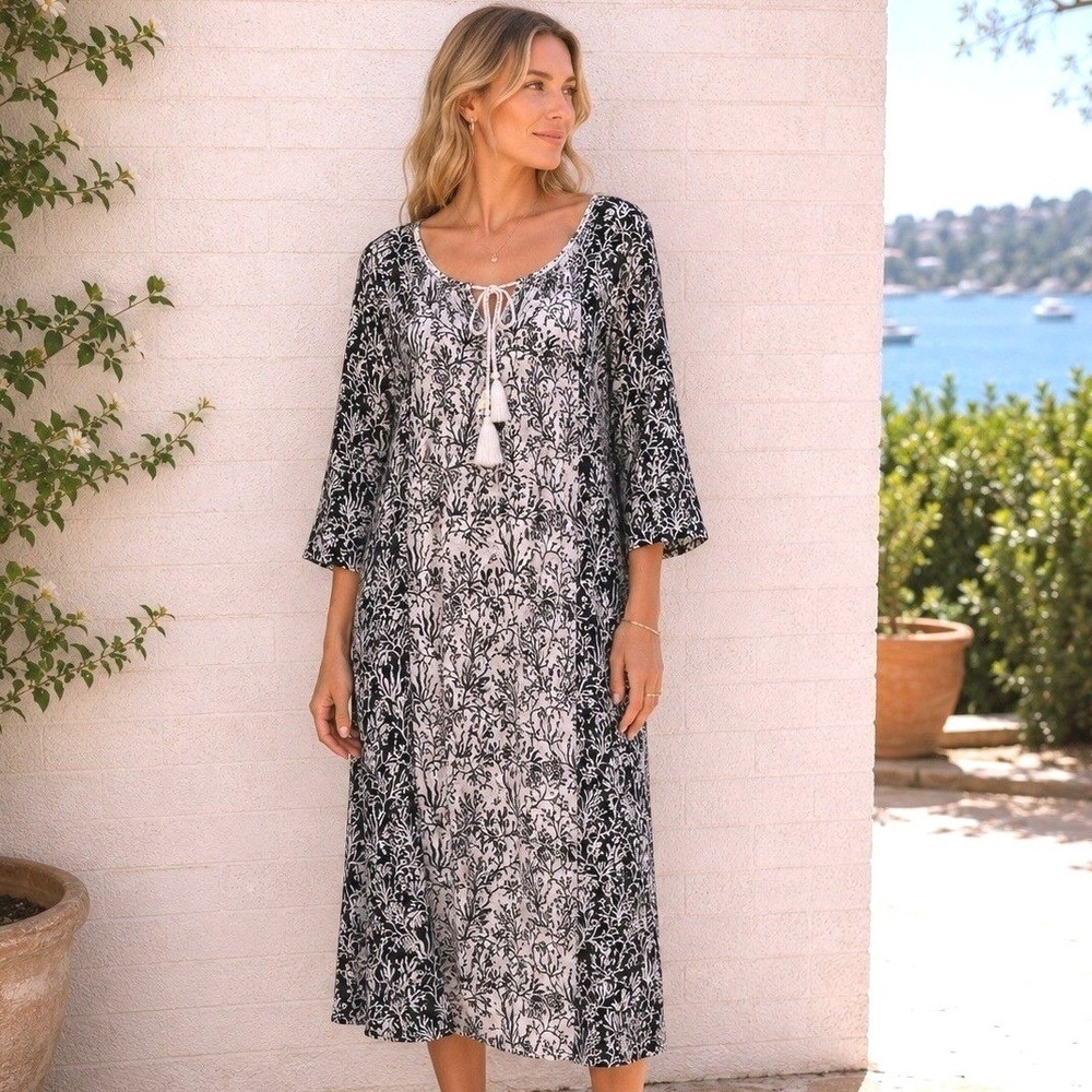 Womens‎ Linen Blend Coastal Midi Dresss Size Large Boho Lagenlook Beach Relaxed
